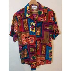 Renaissance Vintage Top Watercolor Abstract Floral Women MEDIUM 80s Psychedelic